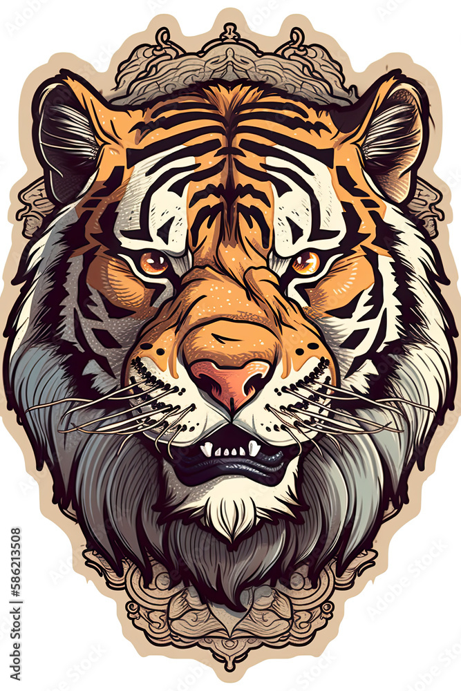 Fototapeta premium Sticker tiger illustration, beutiful colorful feline design. Generative ai
