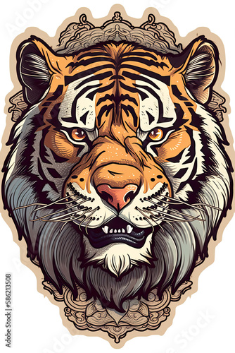 Sticker tiger illustration  beutiful colorful feline design. Generative ai