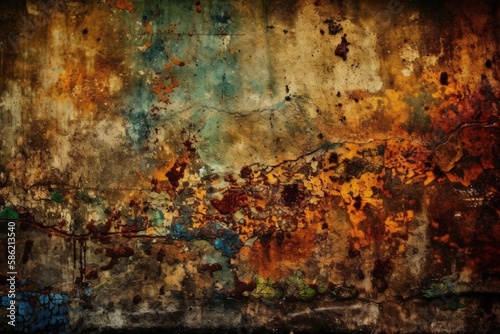 weathered and colorful wall covered in rust and peeling paint created with Generative AI technology