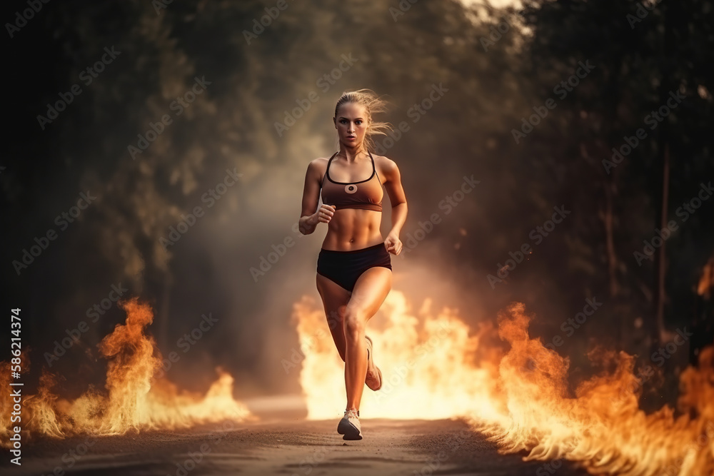 Woman running sprinter on fire background, fitness and workout wellness concept Woman running sprinter on fire background, fitness and workout wellness concept
