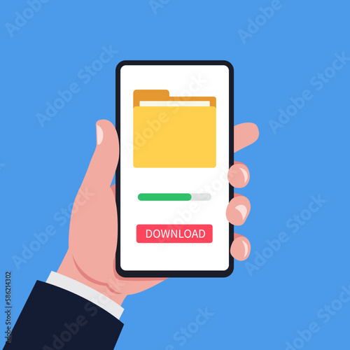 Hand holding smartphone with file folder download button on the screen. Vector.
