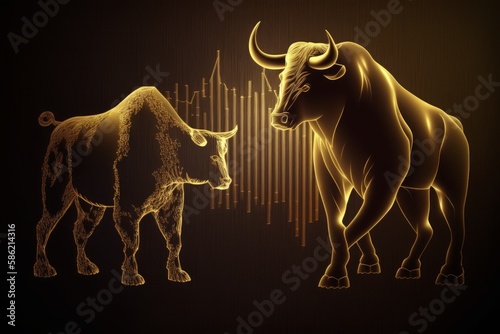 Gold chart business background with golden bull and bear  generative ai illustration