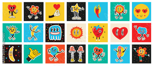 70's groovy square posters, cards or stickers. Retro print with hippie cute colorful funky character concepts of crazy geometric, dripping emoticon. Only good vibes sentence