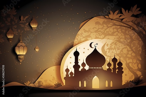 Ramadan kareem Mosque Islamic greetings,beautiful night and Moon design background and Illustration. AI Generated 