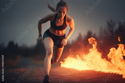 Woman running sprinter on fire background, fitness and workout wellness concept
