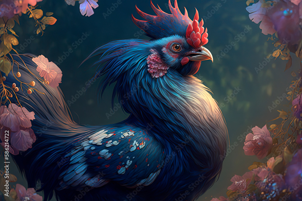A rooster with flowers. Generative AI