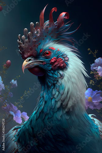 A rooster with flowers. Generative AI