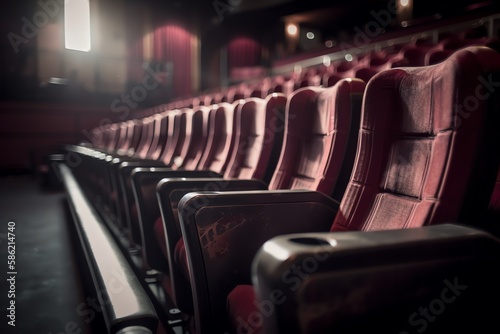 Empty comfortable red cinema seats. Theater Chairs. Generative AI