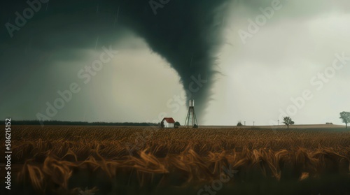 Powerful tornado. Amazing landscape of a tornado over the field. Generative AI.