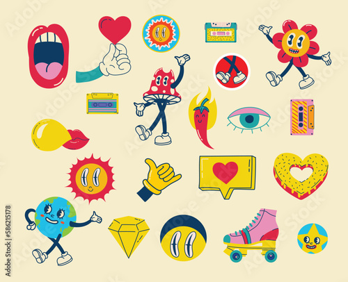 70's groovy illustrations for the posters, cards or stickers with hippie cute colorful funky character concepts of crazy geometric, dripping emoticon. Only good vibes sentence