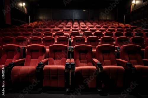 Empty comfortable red cinema seats. Theater Chairs.  Generative AI
