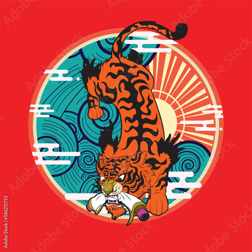 Fototapeta Naklejka Na Ścianę i Meble -  tiger illustration with japanese style background