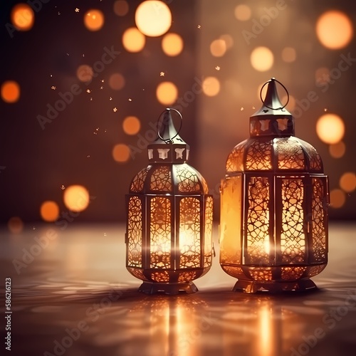 Ramadan kareem with burning candle on arabic lantern,beauty and Ornamental, glowing on Night with bokeh effect, Muslim feast of the holy month, generative ai