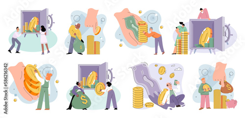 Businessman investor with coins. Employee or entrepreneur puts money in piles, calculates profit. Financial literacy and passive income, successful investor. Person stands holding bag of money