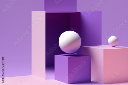 Generative AI illustration of colorful geometric shapes of white spheres on square form on pink floor against violet background photo