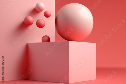 Generative AI illustration of geometric shapes and forms of shiny spheres on square platform near wall in red and pink colors photo