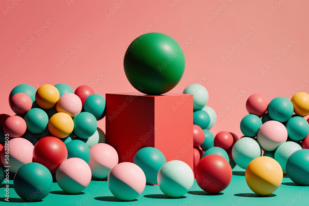 © ADDICTIVE STOCK - Generative AI illustration of colorful geometric shapes of smooth and shiny spheres on steps of square platforms against red and green background