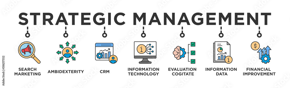 Strategic Management banner web icon vector illustration concept with icon of Search Marketing,Ambidexterity , CRM, Information Technology, Evaluation Cogitate, Information Data, Financial Improvement Strategic Management banner web icon vector illustration concept with icon of Search Marketing,Ambidexterity , CRM, Information Technology, Evaluation Cogitate, Information Data, Financial Improvement