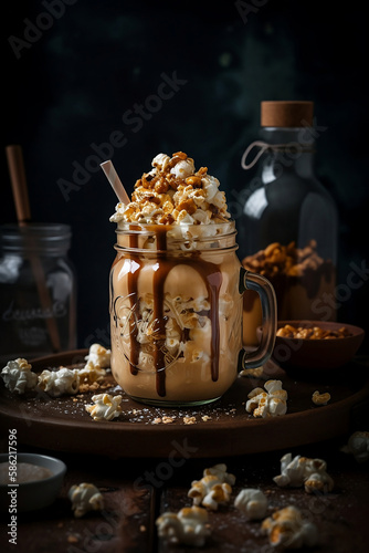 Salted caramel indulgent extreme milkshakes with brezel waffles, popcorn and whipped cream. Crazy freakshake food trend generated by Ai photo