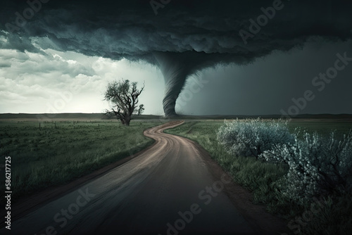 Generative AI image of raging tornado at the end of road with grass fields and covering sky with black clouds