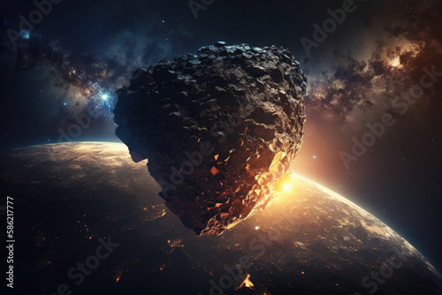 Generative AI image of huge asteroid flying towards Earth planet space causing destruction photo