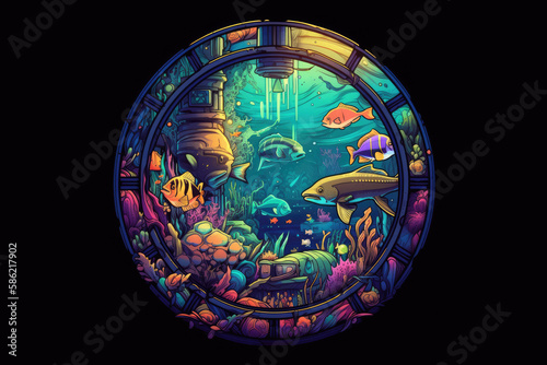 Underwater fishing adventure, stained glass effect, enchanting ambiance - Generative Ai