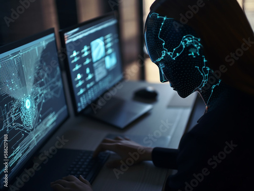 A woman in a neon mask looks at a computer screen with a blue glow in the dark photo