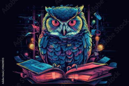 Wise owl in a library, vintage etching, intellectual atmosphere, soft lamplight - Generative Ai photo