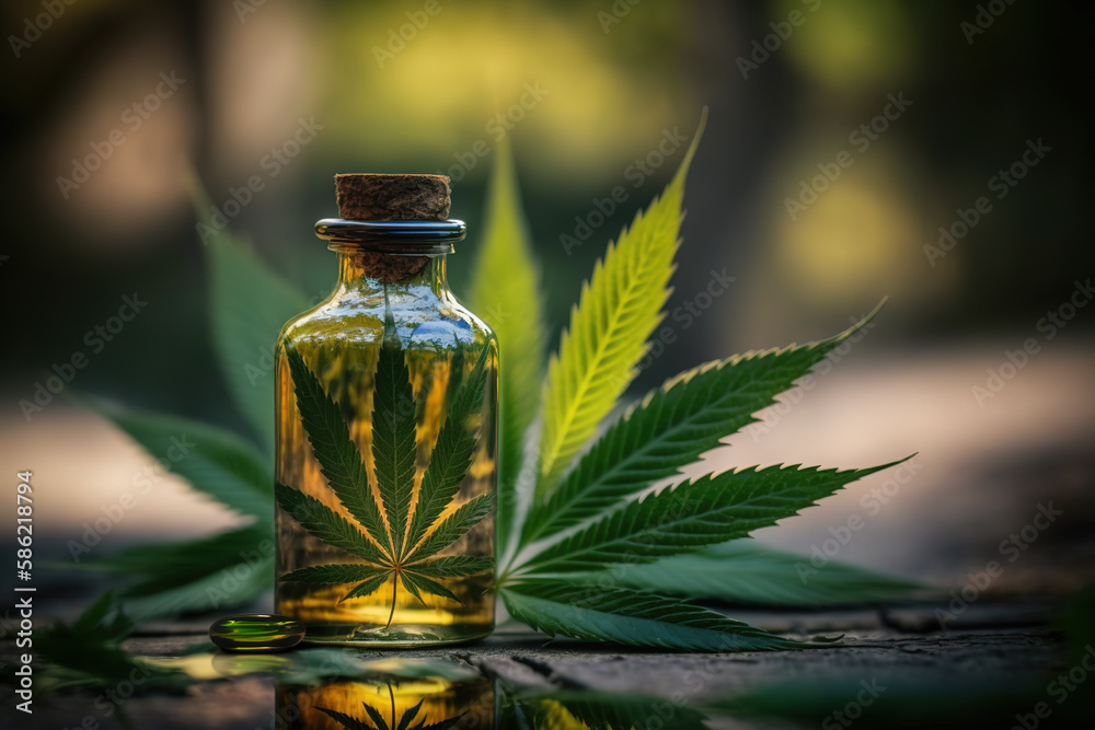 Generative AI picture of bottle with liquid and green leaf of cannabis plant place don ground in nature on sunny day Generative AI picture of bottle with liquid and green leaf of cannabis plant place don ground in nature on sunny day