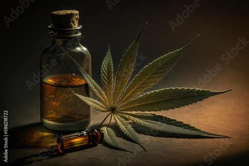 Generative AI illustration of from above of marijuana leaf placed near bottle with essential product against brown background photo
