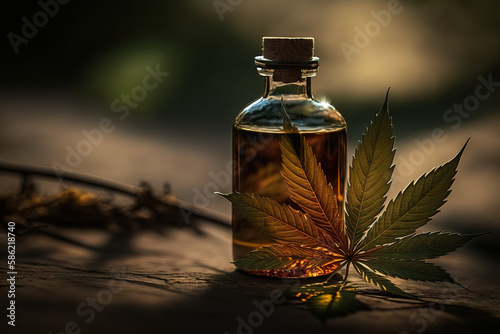 Generative AI picture of bottle with liquid and green leaf of cannabis plant place don ground in nature on sunny day
