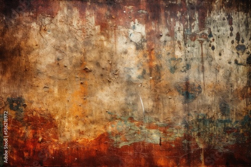 weathered and colorful wall with peeling paint and rusted metal created with Generative AI technology