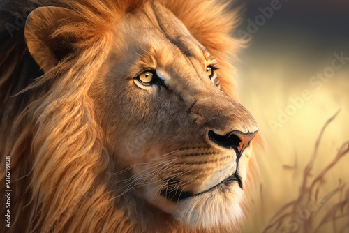 Generative AI illustration image of dangerous powerful lion with fluffy mane looking away in savanna