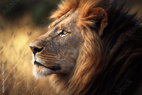 Generative AI illustration image of dangerous powerful lion with fluffy mane looking away in savanna photo
