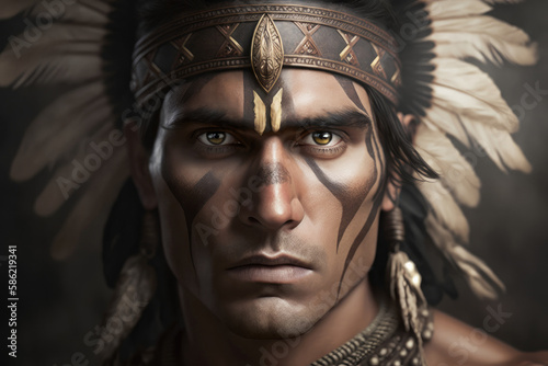Generative AI illustration of serious Indian male warrior in traditional national costume with feathers and painted face