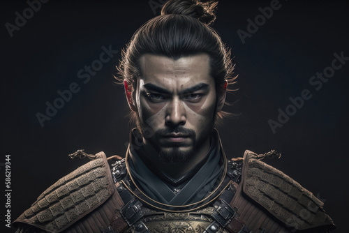 Generative AI illustration of confident male samurai in traditional costume with metal details and hairstyle looking at camera against black background photo