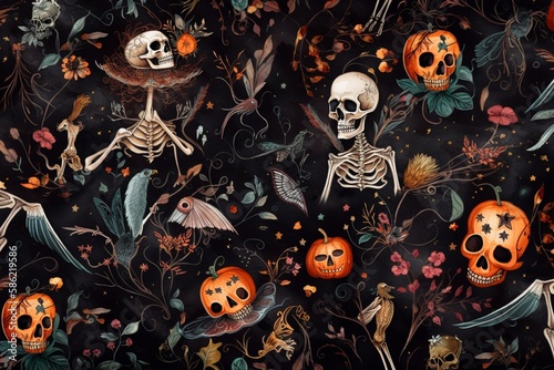 Obraz na plátně Cartoon Halloween pattern with witches, vampires, skeletons, pumpkins, bats and bones on a black background