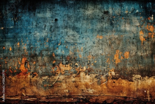 weathered blue and brown wall with rusted areas created with Generative AI technology