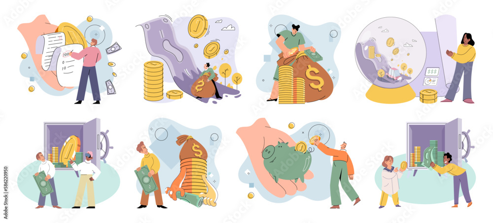 Naklejka premium International investment company, money bills and coins fly around world. Global economy financial system vector set. Loan of money made by investor for purpose of earning interest. World cash flows