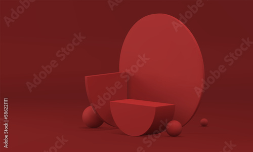 Red 3d pedestal geometric construction unstable semicircle cylinder wall minimal design vector