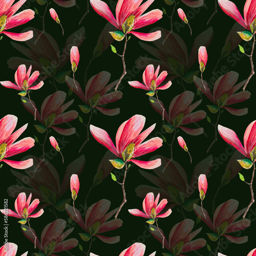 Magnolia pattern illustration hand drawing.The drawing is made with alcohol markers