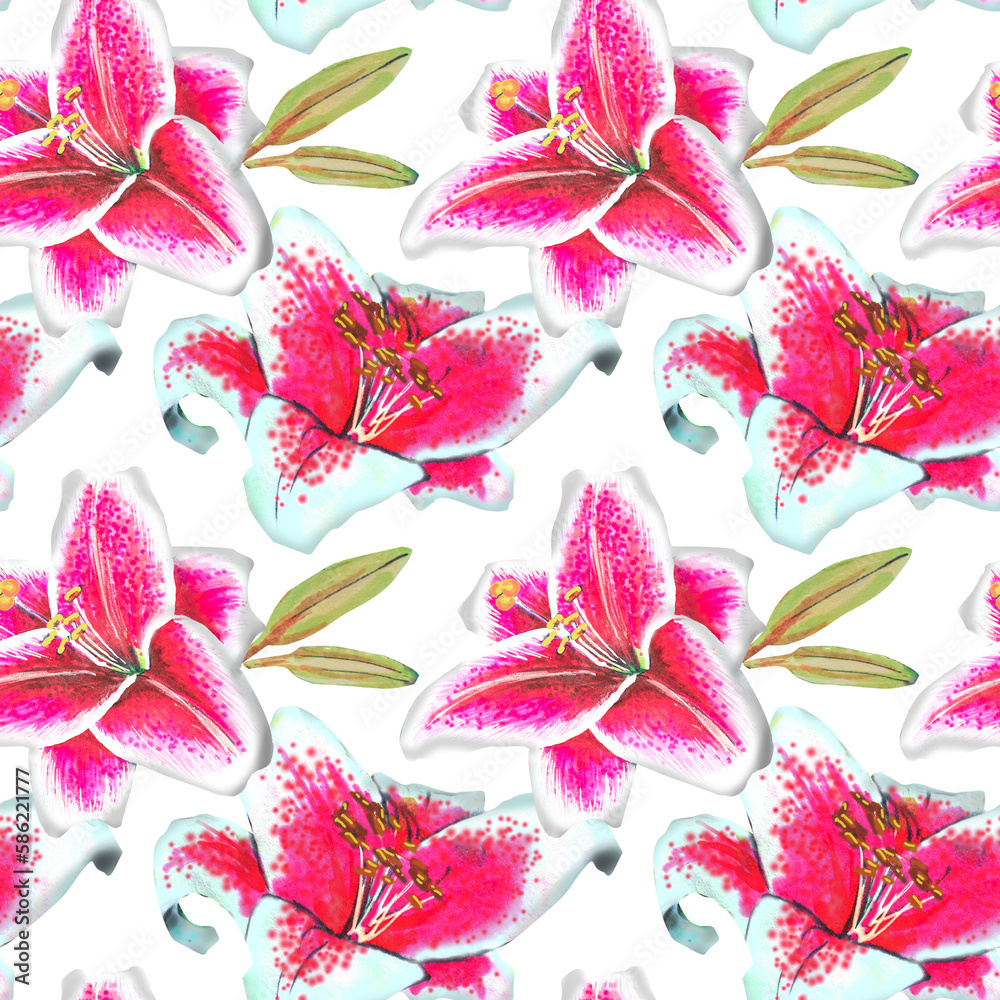 Pink lily pattern illustration,hand drawing.The drawing is made with alcohol markers