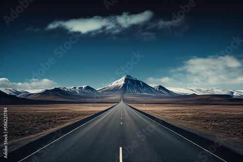 Empty asphalt road in Iceland with snow capped mountains in the background. generative ai