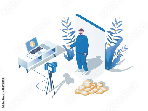 Blogging concept 3d isometric web scene. People working as bloggers, creating content for followers, recording video in online blog, streaming at studio. Vector illustration in isometry graphic design