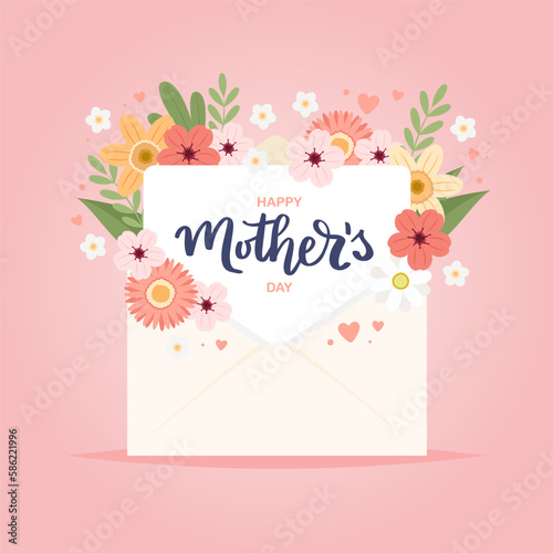 Happy mother s day card. Envelope with flowers and hand drawn lettering. Greeting card template, cute vector illustration