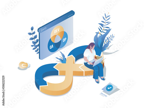 DevOps concept 3d isometric web scene. People working in IT industry, creating software and using development operations system for communication. Vector illustration in isometry graphic design