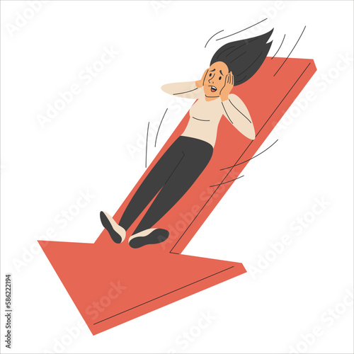 Stressed woman falling down the red arrow vector isolated. Concept of bankruptcy and financial loss. Big trouble, business crisis. Character sliding down the arrow.