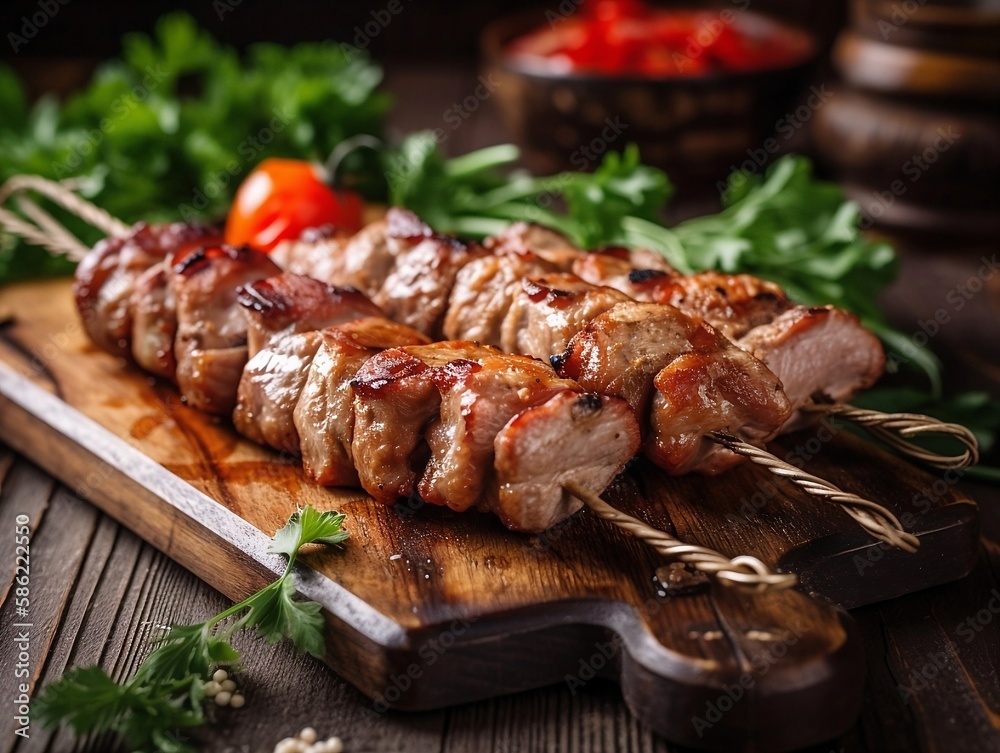 Delicious meat kebab on a wooden board with parsley