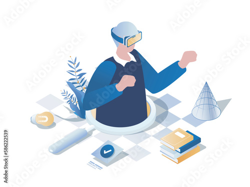 Immersive learning concept 3d isometric web scene. People wearing in VR headset to interacting with virtual reality for study and making researches. Vector illustration in isometry graphic design