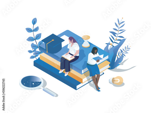 Knowledge concept 3d isometric web scene. People reading different books and textbooks for improving skills and preparing graduates exam at university. Vector illustration in isometry graphic design